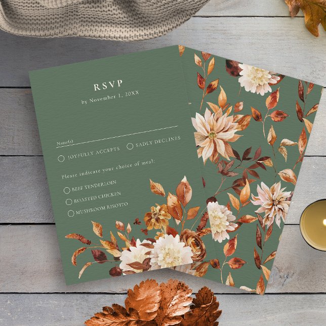 Cartão RSVP Outono Verde Salvia (Sage Green Fall Watercolor Floral RSVP Card by Painted Paperie
)