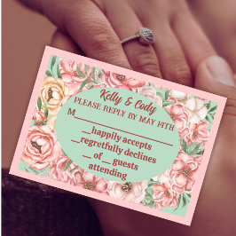 Cartão RSVP Oval da Flor Rosa e bege em Verde Claro