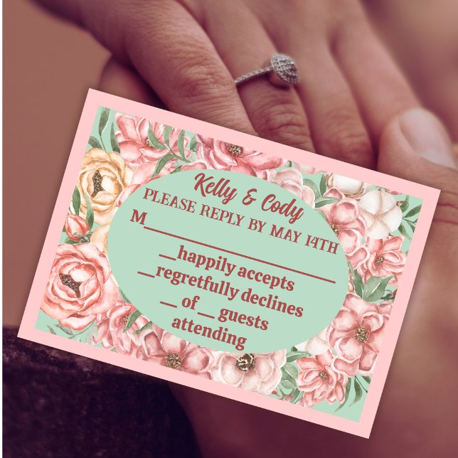 Cartão RSVP Oval da Flor Rosa e bege em Verde Claro (Criador carregado)