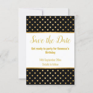 CARTÃO RSVP PADRÃO DE CORAÇÃO BRANCO DOURADO PRETO SALVE A DAT