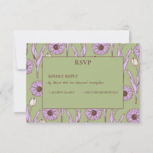 Cartão RSVP Padrão de Flor de Hippie Funky Y2K Retro Roxo Verd