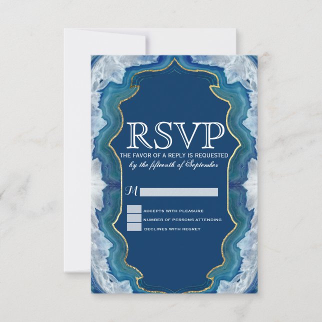 Cartão RSVP Padrão de Geodo Azul Bonito Agate Elegante (Frente)