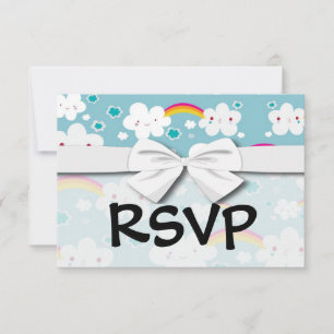 Cartão RSVP padrão feliz kawaii de arco-íris e nuvens no céu