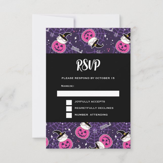Cartão RSVP Padrões de Halloween para gatos e abóboras lindos (Frente)