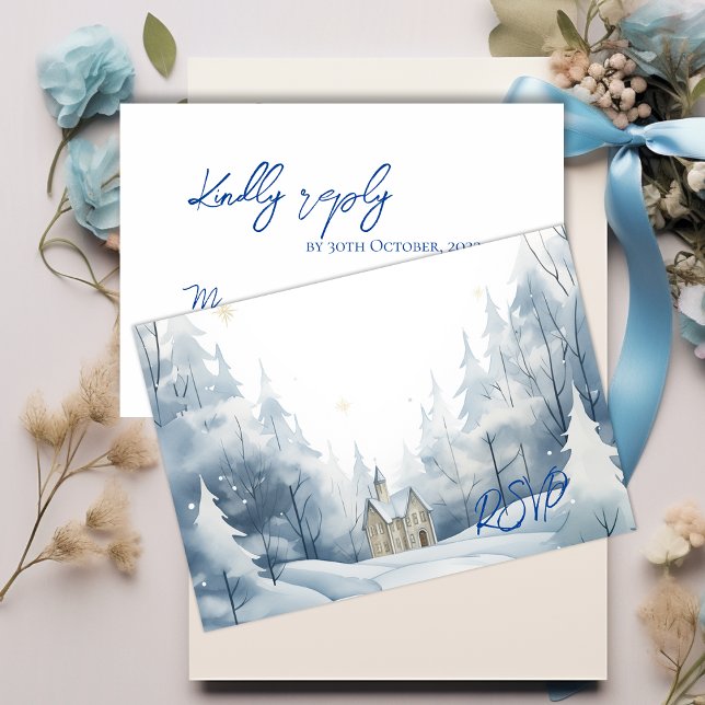 Cartão RSVP Paisagem Elegante Snowy Casamento de Tendy de inve (Elegant Snowy Landscape Winter Trendy Wedding RSVP Card)
