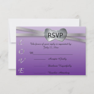 Cartão RSVP Paixão Roxo e Corações de Amor Silver Casamento