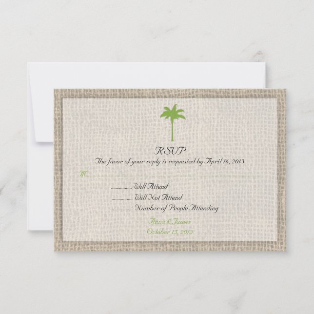 Cartão RSVP Palm Tree & Burlap Beach Weding RSVP3 (Frente)