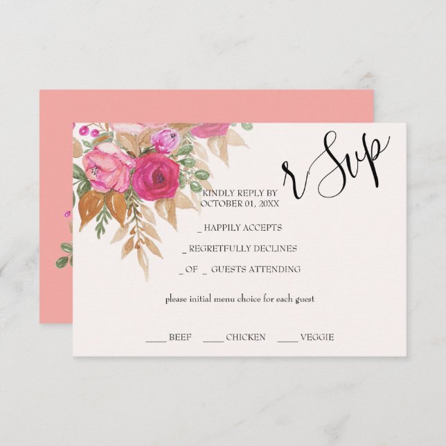 Cartão RSVP Pampas Rosa-Russas Cintado Pintado À Mão (Frente/Verso)