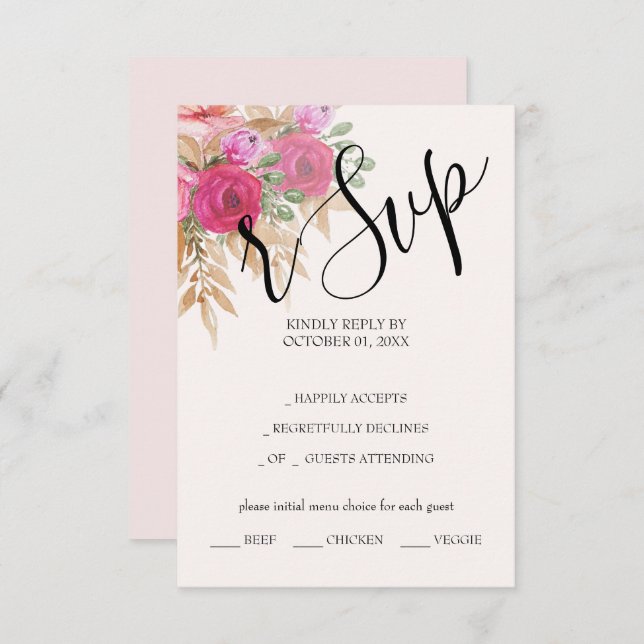 Cartão RSVP Pampas Rosa-Russas Cintado Pintado À Mão (Frente/Verso)