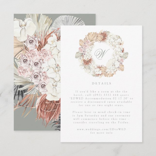 Cartão RSVP Pampas Wreath Moss Sage Monograma Verde Elegante (Frente/Verso)