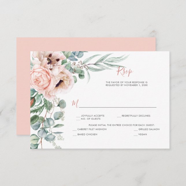 Cartão RSVP Papagaios Rosa-Blush e de Marfim, Eucalyptus, Gree (Frente/Verso)