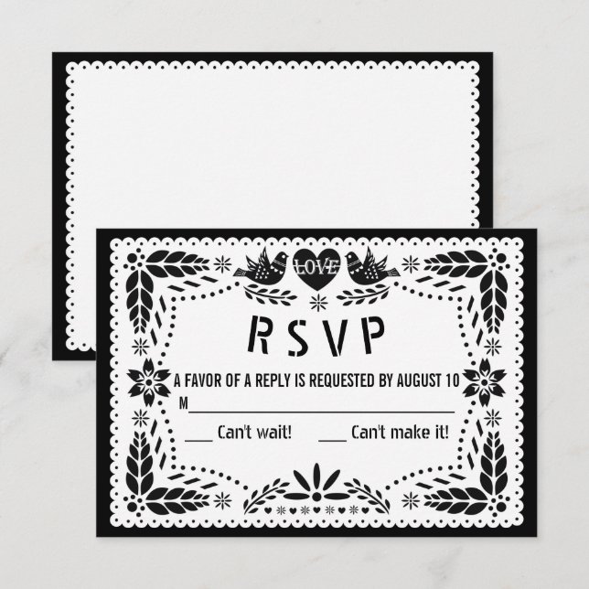 Cartão RSVP Papel branco e preto picado amor aves casamento (Frente/Verso)