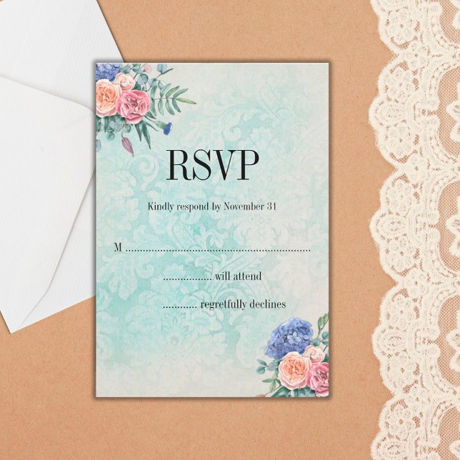 Cartão RSVP Papel de parede desbotado e Casamento Floral chiqu (Criador carregado)
