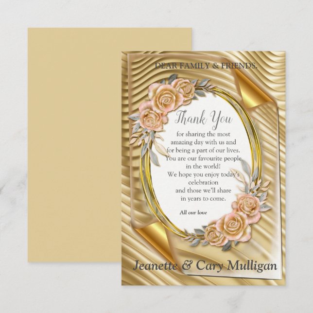 Cartão RSVP Papel Dourado com Rosas Elegantes (Frente/Verso)