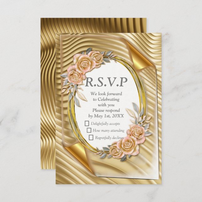 Cartão RSVP Papel Dourado com Rosas Elegantes (Frente/Verso)