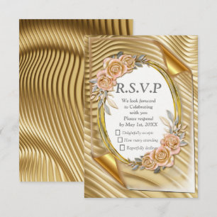 Cartão RSVP Papel Dourado com Rosas Elegantes