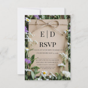 Cartão RSVP Papel Kraft Botânico de Flor Silvestre Rústica Cas