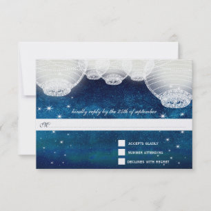 Cartão RSVP Papel Marinho de Casamento Noturno Lanternas debai