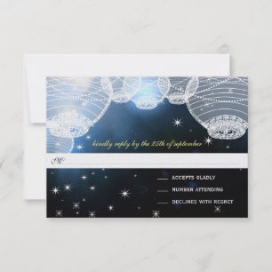 Cartão RSVP Papel Marinho de Casamento Noturno Lanternas debai