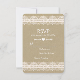 Cartão RSVP Papel Marrom e Renda Natural Casamento Rústico RSV