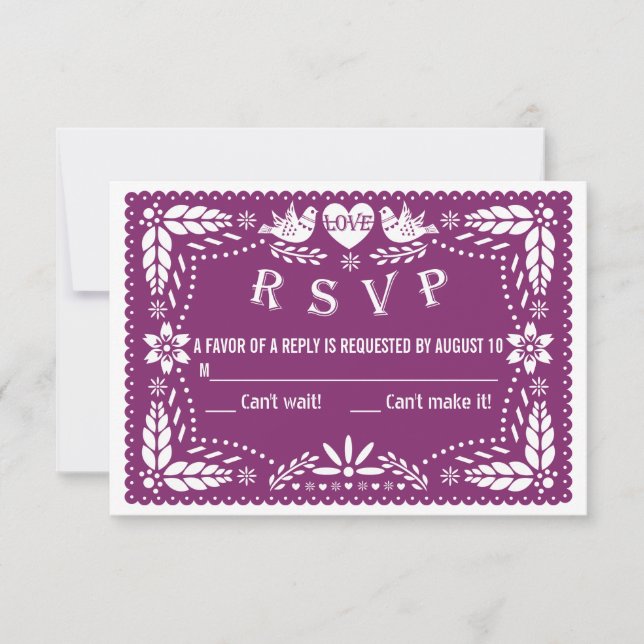 Cartão RSVP Papel picado ama pássaros casamentos roxos Respost (Frente)