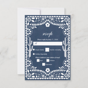 Cartão RSVP Papel Picado Casamento Mexicano Casamento Azul Rú