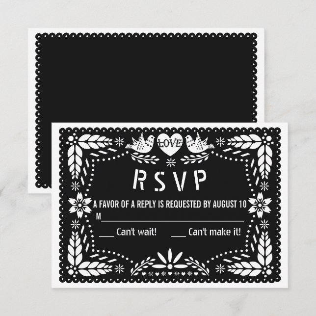 Cartão RSVP Papel preto picado amor pássaros e flores casament (Frente/Verso)