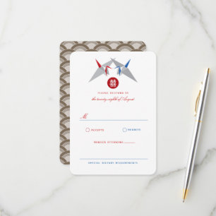 Cartão RSVP Papel Vermelho e Azul guindaste duplo Xi Casamento