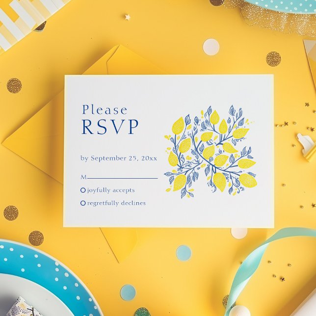 Cartão RSVP para as vinhas de limão divertidas (Bright yellow and blue Lemon Vines RSVP Response Card.)