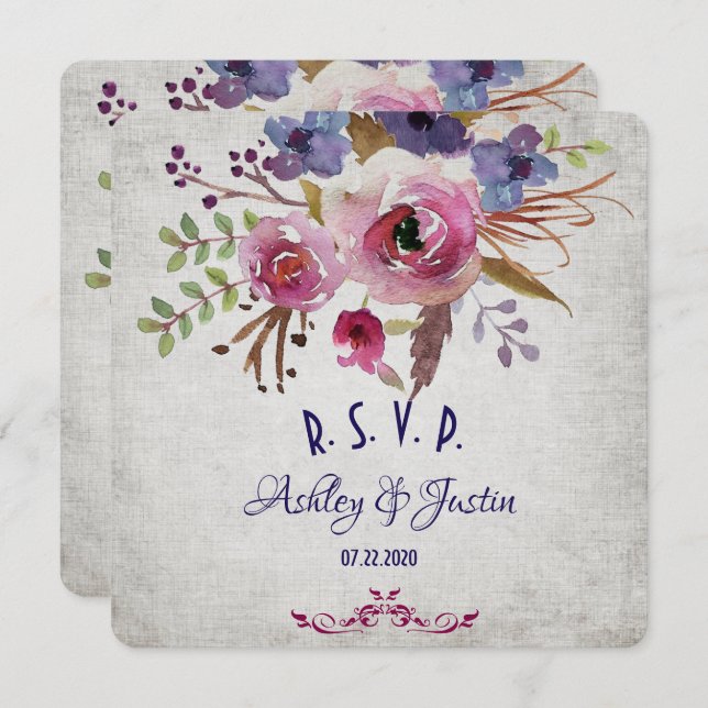 Cartão RSVP para Flores de Aquarela de Casamento E (Frente/Verso)