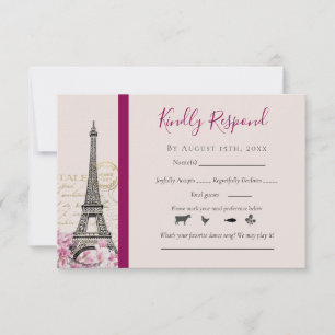 Cartão RSVP Paris Romântica Torre Eiffel Flores Cor-de-rosa Bo