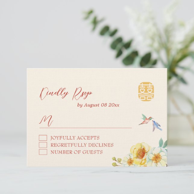 Cartão RSVP Pássaro floral amarelo-casamento chinês elegante (Em pé/Frente)