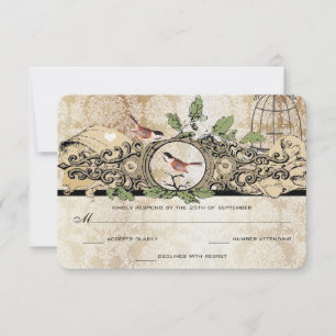 Cartão RSVP Pássaros com Pintas Douradas Cage Damask Vintage A