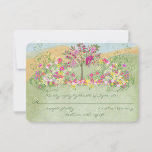 Cartão RSVP Pássaros de Amor Floral Vintage Rosa Casamento RSV
