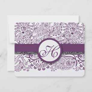 Cartão RSVP Pássaros de Amor Roxo Damask Monograma Casamentos 