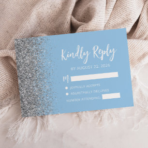 Cartão RSVP Pastel Azul Bebê Borda com Glitter Prata Script