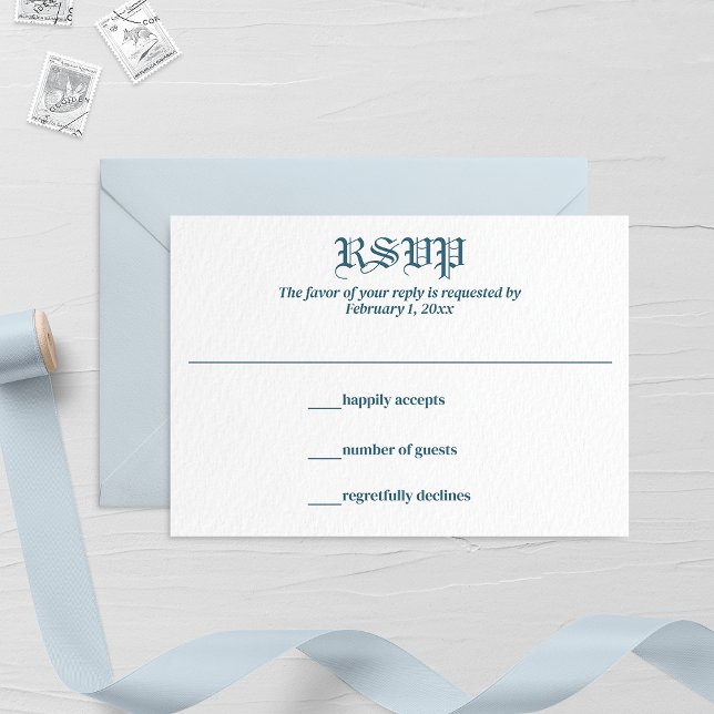 Cartão RSVP Pastel Blue Leaf e Floral Monogramas Casamento (Criador carregado)