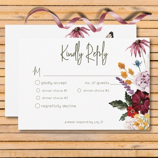 Cartão RSVP Pastel & Burgundy Bloom Modern Floral 3 Janta (Pastel & Burgundy Bloom Modern Floral Three Dinner RSVP Card)