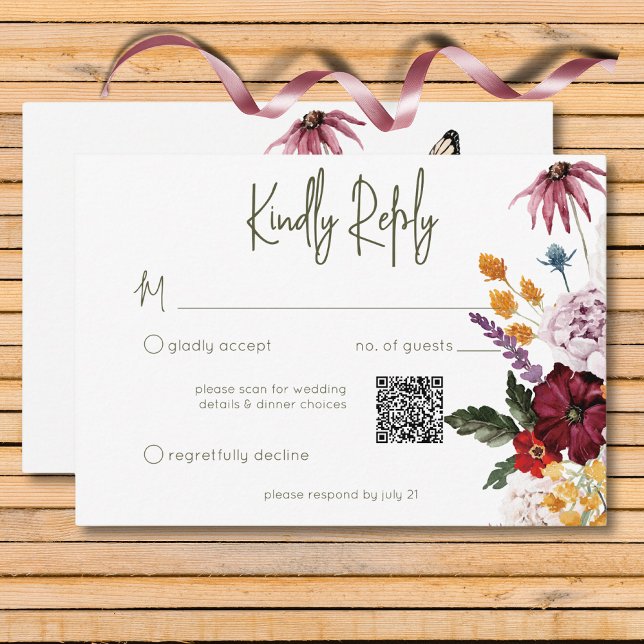 Cartão RSVP Pastel & Burgundy Blooms Moderno Código QR Floral (Pastel & Burgundy Bloom Modern Floral Three Dinner RSVP Card)
