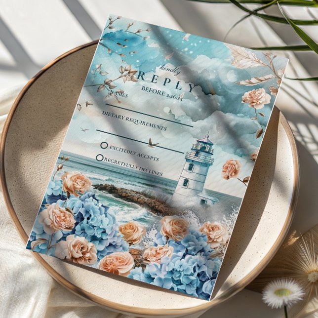 Cartão RSVP Pastel Coastal Lighthouse Ocean Wedding (Criador carregado)