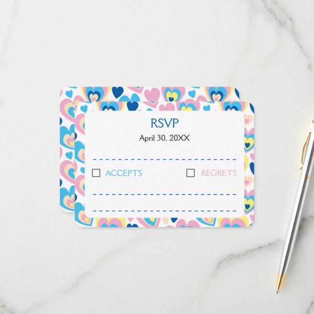 Cartão RSVP Pastel Hearts. (Frente/Verso In Situ)