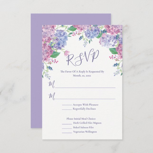 Cartão RSVP Pastel Hydrangeas, Casamento Floral (Frente/Verso)
