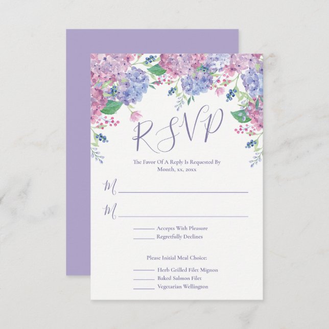 Cartão RSVP Pastel Hydrangeas, Casamento Floral (Frente/Verso)