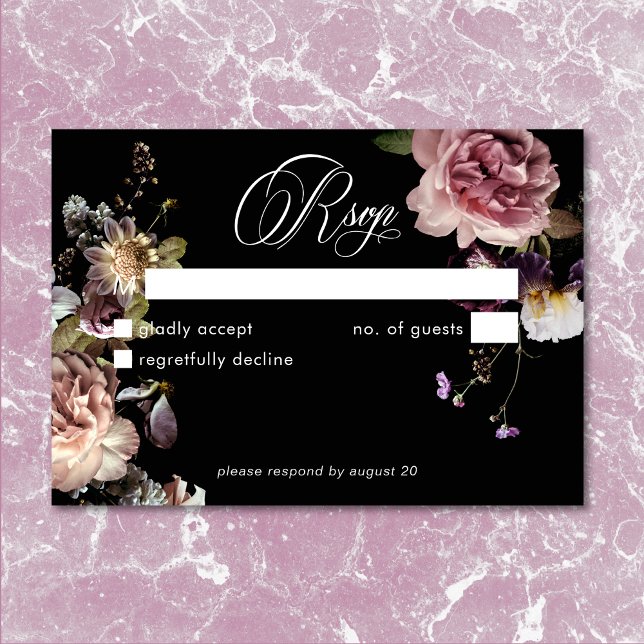Cartão RSVP Pastel Orgulhoso Opulente Preto Floral Opulente Es (Dark Moody Pastel Opulent Floral Black QR Code RSVP Card)