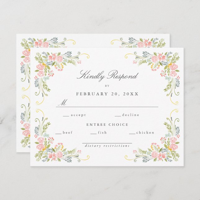 Cartão RSVP Pastel Rococo Garden Ornate Floral Wedding (Frente/Verso)