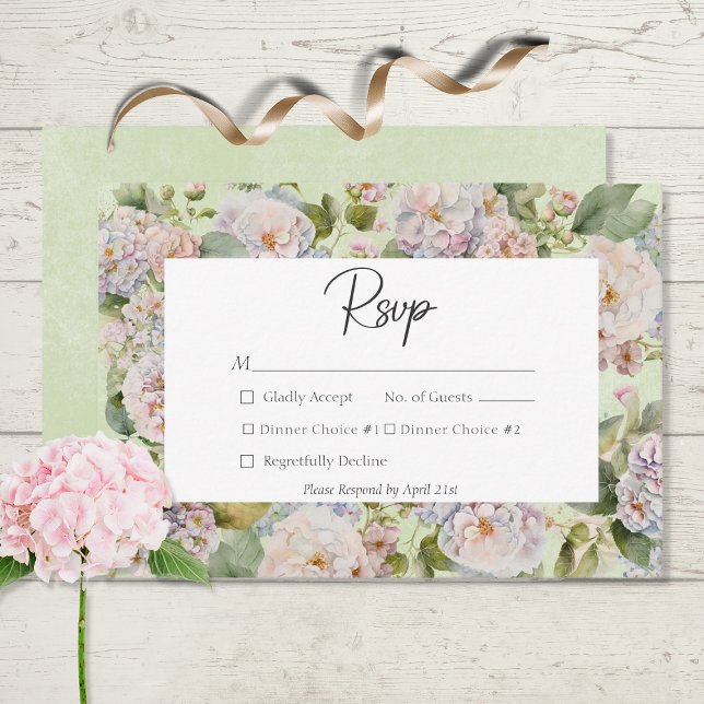 Cartão RSVP Pastel Russo Hydrangea Floral Monograma Sage Verde (Criador carregado)