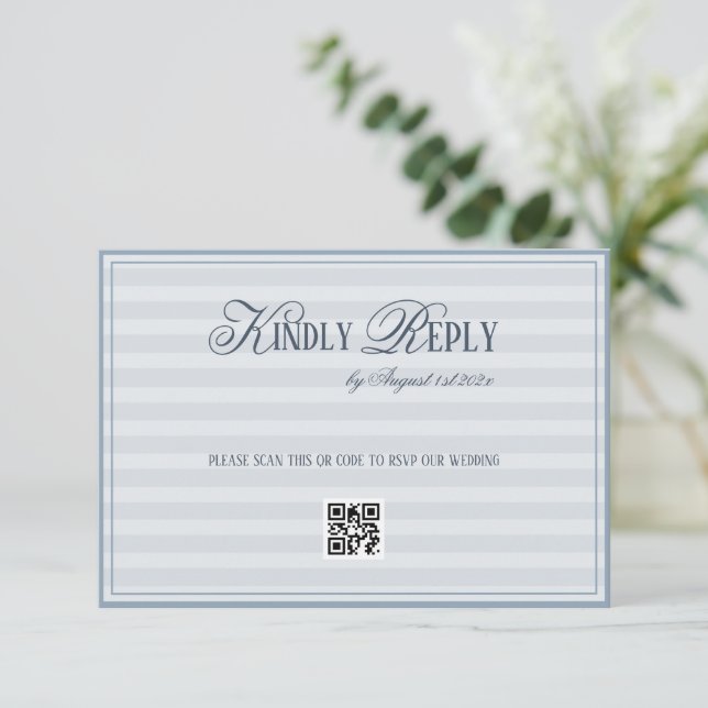 Cartão RSVP Patel Blue Striped Wedding QR code (Em pé/Frente)