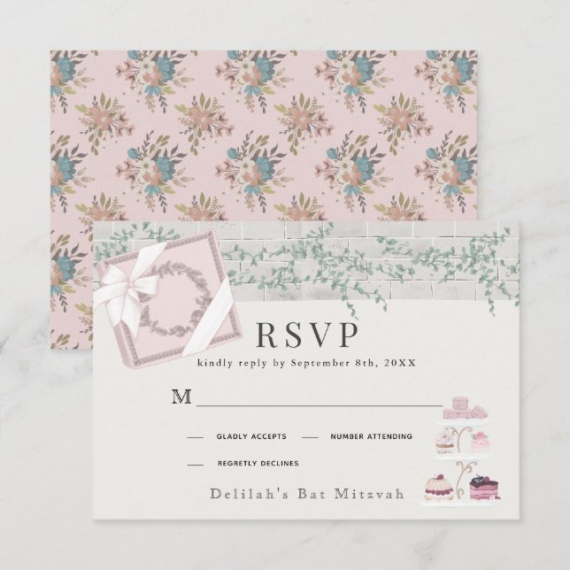Cartão RSVP Patisserie Paris Pink Bat Mitzvah (Frente/Verso)