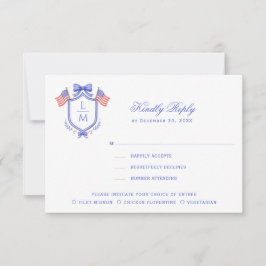 Cartão RSVP Patriotic Crest with Flags| Monogram Wedding