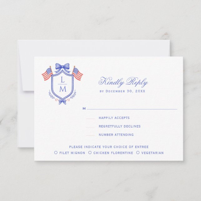 Cartão RSVP Patriotic Crest with Flags| Monogram Wedding (Frente)